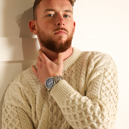 Cable Knit Crew Neck aran Wool Sweater - Pearl